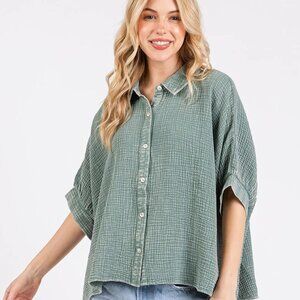 Mittoshop Mineral Wash Gauze Dolman Sleeve Button Down Shirt